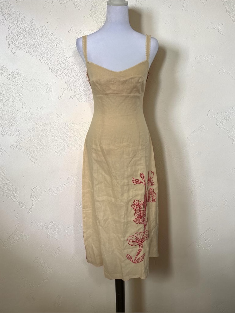 o.p.t. Butter Yellow linen dress with Red Floral Embroidery. NWT size 0 & 10